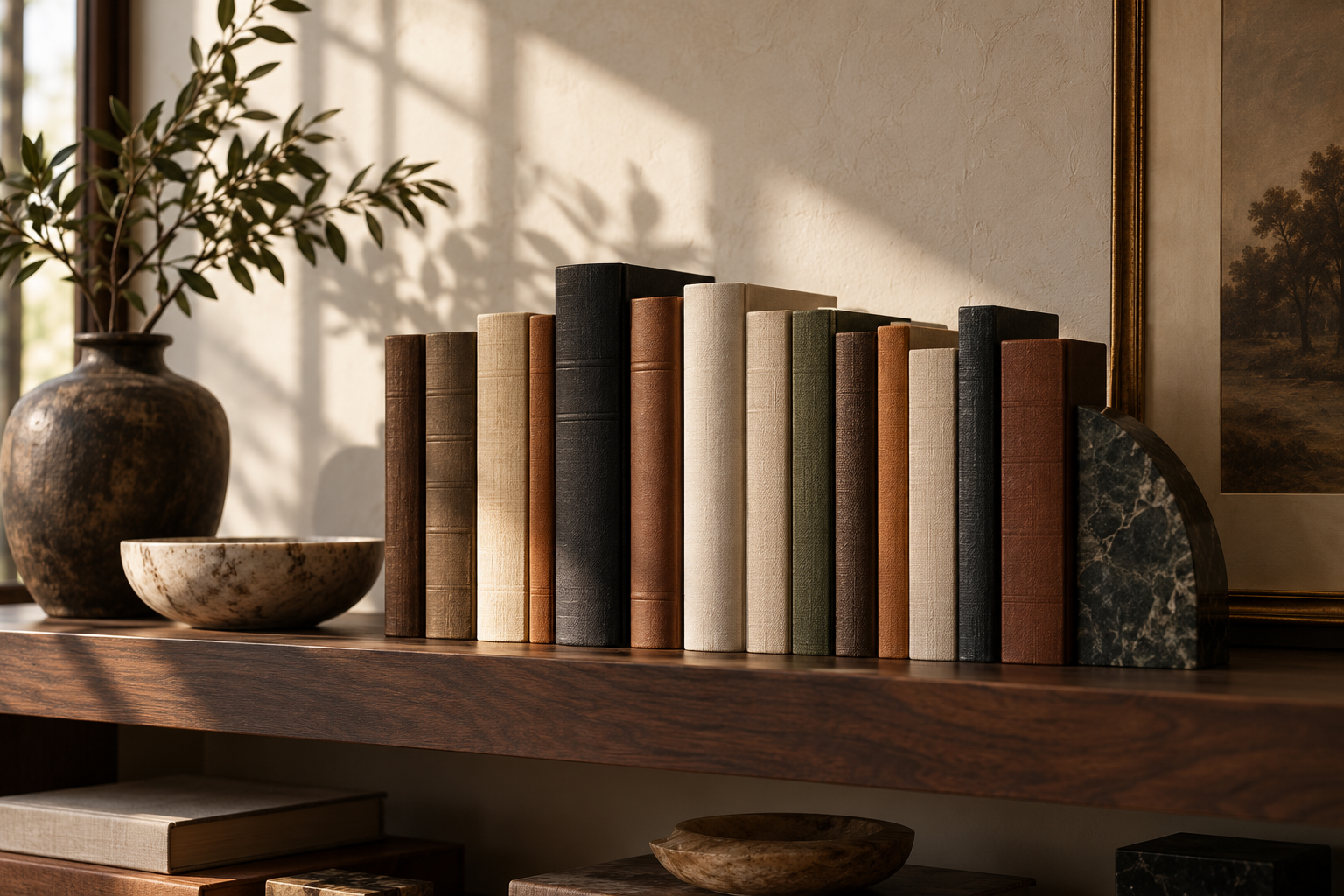 A curated shelf of books in a warm editorial studio